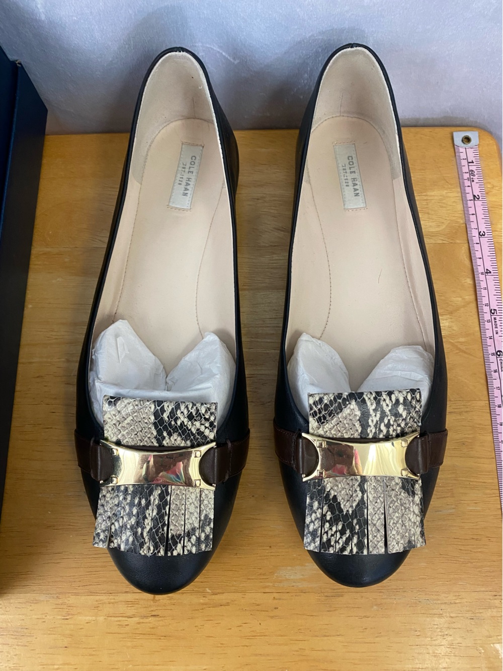 Cole Haan Margarite Leather Ballet with Snakeskin Fringe Gold Accent Size 9.5